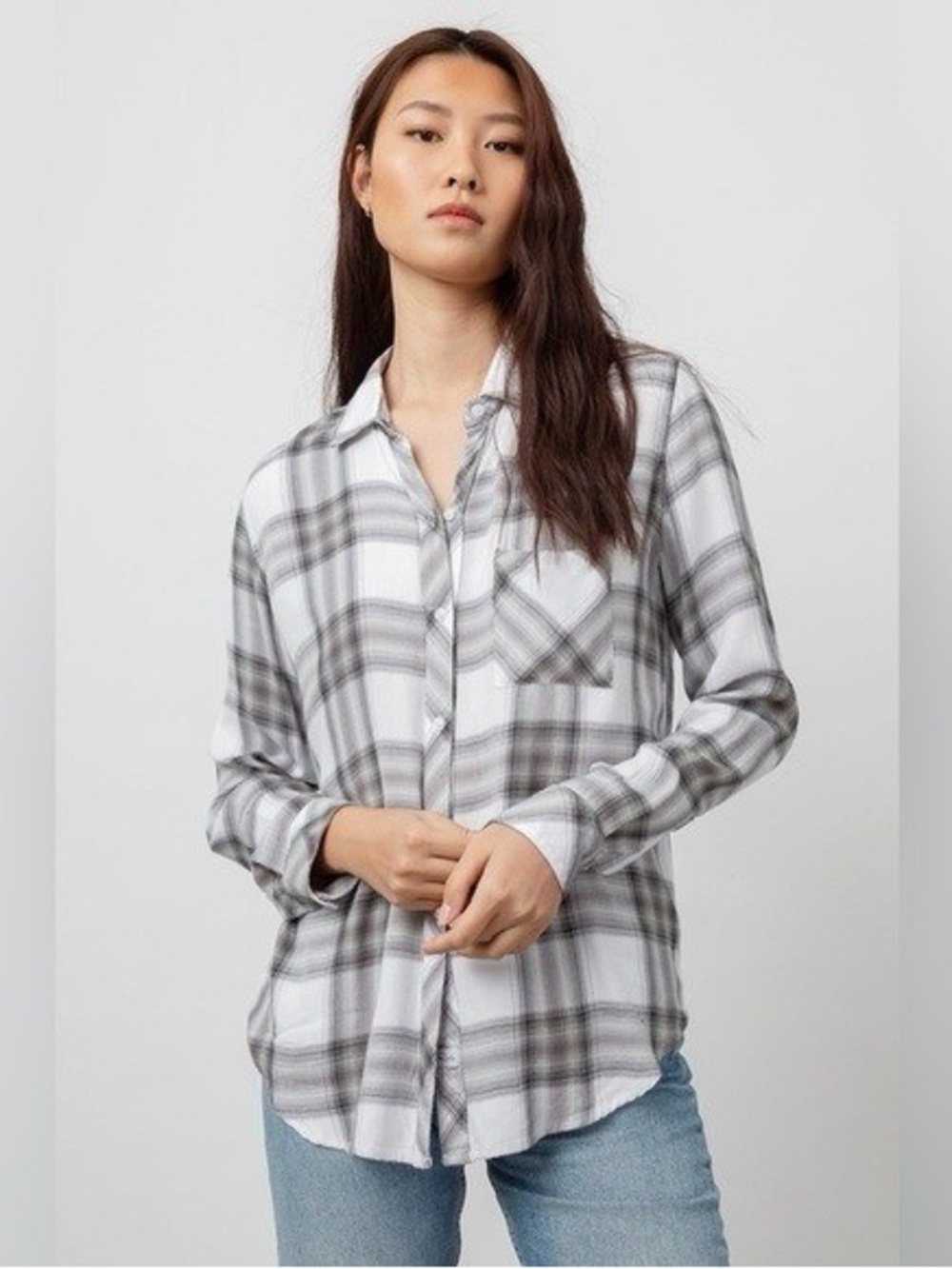 Rails White and Gray Plaid Button-Down Shirt